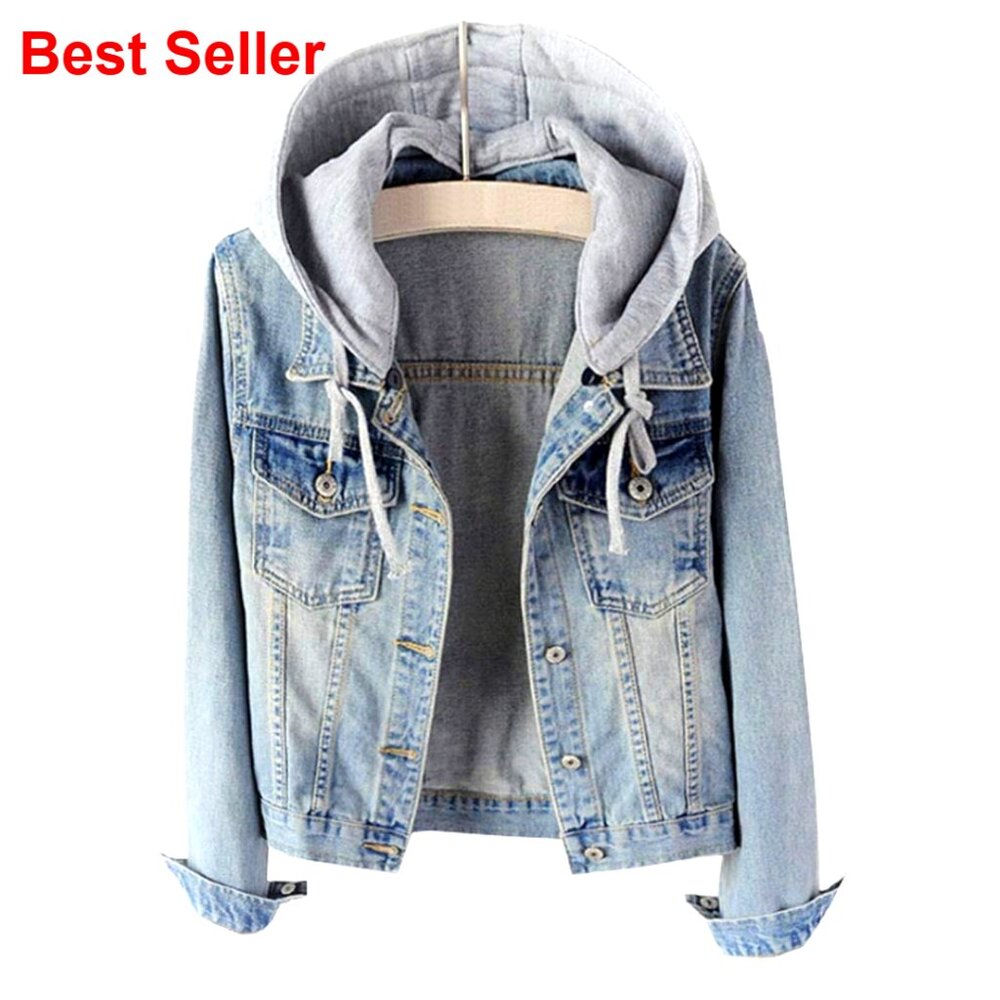 Detachable Hoodie Denim Jacket Women's Casual Cotton Polyester Blend